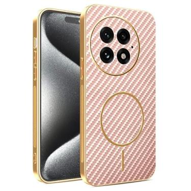 Imagem de Yarxiawin Capa de telefone para Oneplus 13 textura de fibra de carbono, anel magnético para Oneplus 13 capa de silicone fina capa de couro à prova de choque anti-impressão digital (rosa)