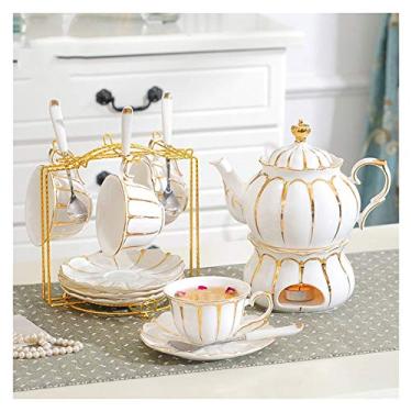 Imagem de Conjunto de chá da tarde, incluindo xícaras de chá e pires, suporte de caneca de metal e máquina de chá com base de aquecedor de cerâmica adequado para conjunto de bule de chá de café, flor e frutas