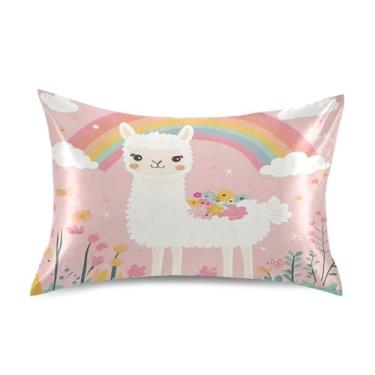 Imagem de xigua Fronha de cetim com desenho animado de lhama para cabelo e pele, lavável à máquina, antiderrapante, refrescante, fronha de cama queen com fecho de envelope, 50,8 cm x 76,2 cm