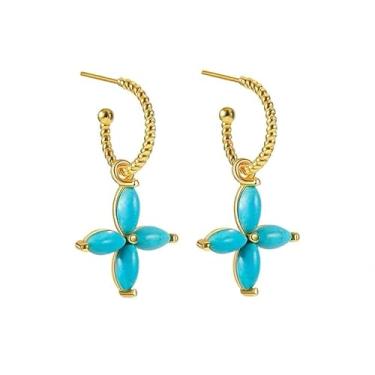 Imagem de Brincos de argola em forma de C turquesa azul para mulheres, delicados, flores modernas, pingente de pétala de corte marquise, pingente de gota banhado a ouro 18 k, joia de festa, presente de