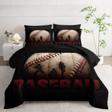 Imagem de Smell Sunshine Jogo de cama com estampa temática esportiva 3D com 1 edredom, 1 lençol de cima, 1 lençol com elástico e 4 fronhas para quarto de meninos e meninas (casal de beisebol)