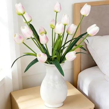 Imagem de Homsunny Flores artificiais de tulipa grande rosa e branca de 45 cm, pacote com 15 peças. Perfeito para casamentos na primavera, dia dos namorados, Páscoa, dia das mães e arranjos elegantes de casa e