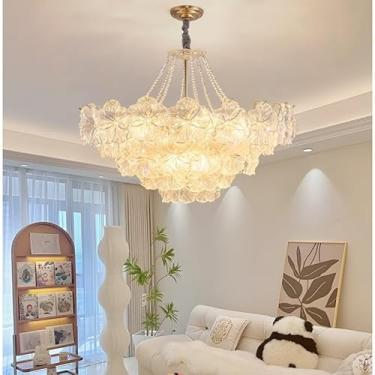 Imagem de Lustre de cristal francês moderno dourado para teto, luminária pendente 2 em 1 ajustável com pétalas multicamadas para sala de estar, sala de jantar e quarto (80 cm)