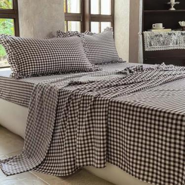 Imagem de NSNLGSGC Jogo de lençol Queen Mocha Guingham Ruffle Queen de microfibra pré-lavada, macio, xadrez, 4 peças, conjunto de lençóis de fazenda com bolso profundo