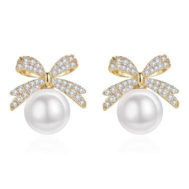 Imagem de Aloluo Brincos femininos com laço de pérola CZ banhados a ouro, imitação de pérolas cúbicas, hipoalergênicos, lindos brincos de laço, joias de aniversário, presentes para esposa