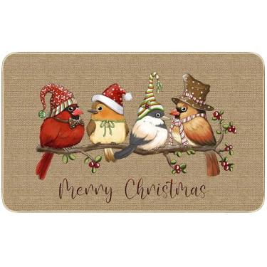 Imagem de HUFAND Tapete de porta de Natal, Feliz Natal, pássaros, tapete de inverno, sazonal, tapete decorativo de Natal, antiderrapante, para entrada interna e externa, 73 x 43 cm