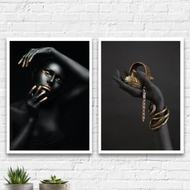 Imagem de Kit 2 Quadros Mulher Bijuterias Dourada 45X34 Vidro - Branca