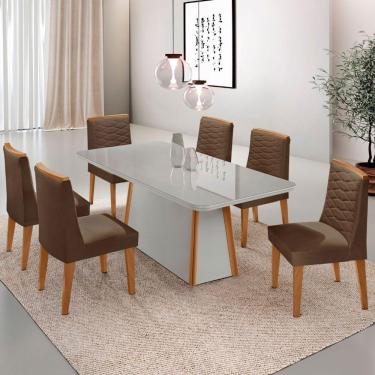 Imagem de Mesa De Jantar Diane 180cm Mdf Vidro Com 6 Cadeiras Moderna Veludo Marrom Off White Naturale Serigrafia
