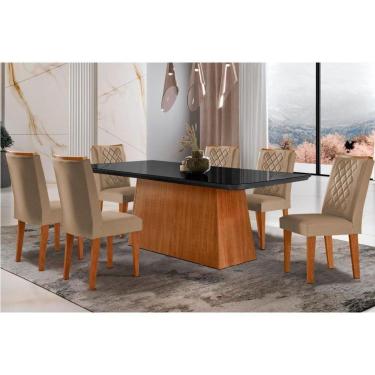 Imagem de Sala De Jantar Completa Luna C- Tampo Vidro Canto Curvo 180x90cm E 6 Cadeiras Jade Imbuia-grafite - Suede Capuccino - Rufato