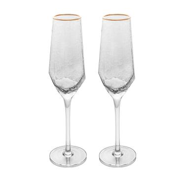 Imagem de Cj 2 Taças de Cristal Martelado Transparente P/Champanhe C/Borda Dourada Taj 300ml Wolff