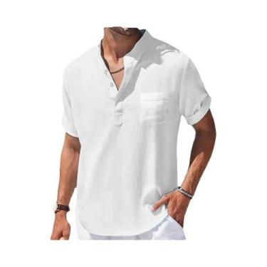 Imagem de Camisa Masculina de Linho Casual - Manga Curta, Gola Alta e Bolso, BR-