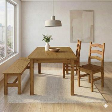 Imagem de Conjunto Sala de Jantar Mesa 160cm 2 Cadeiras e 1 Banco Madeira Maciça Ventimiglia Nogueira