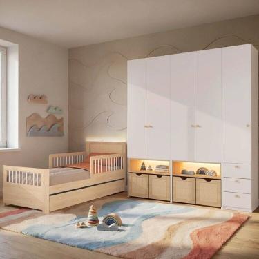 Imagem de Guarda-Roupa Modulado e Bicama Solteiro Reversível Infantil Wave Casatema MadeiraOriginals Natural/Branco