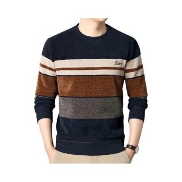 Imagem de Suéteres Masculinos De Chenille Listrado Tricotado Com Gola Redonda Mo