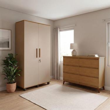 Imagem de Cômoda Londres 6 Gavetas e Roupeiro Solteiro Gold 2 Portas para Organi