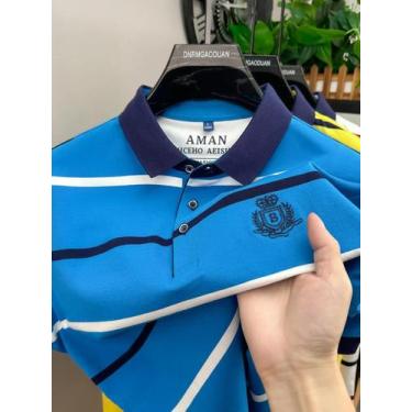 Imagem de Camisa Polo Listrada Masculina De Verão Com Bordado De Letras, Casual 