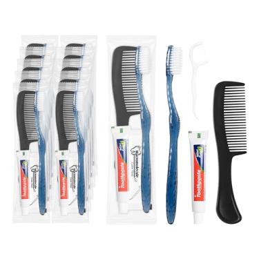 Imagem de Lilingsty Escovas de dentes de viagem com pasta de dente, kit de higiene a granel com escovas de dentes descartáveis, pasta de dente de 10 g, palhetas de fio dental, pente, embalado individualmente