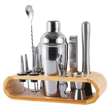 Imagem de Kit Coqueteleira Profissional em Aço Inox com Suporte em Bambu 12 Peças para Drinks Utibom