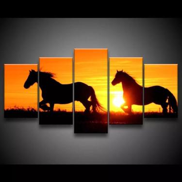 Imagem de Quadro Decorativo 129x63 Sala Cavalos Por Do Sol Animais 1