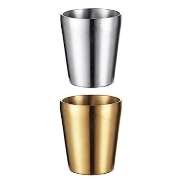 Imagem de UPTALY 2 peças de copos de aço inoxidável (300 ml, prata/ouro), canecas de acampamento inquebráveis, copo de café pequeno, canecas de café com parede dupla, copos de tiro, copo, atiradores de metal, copos de café espessos, xícara de chá