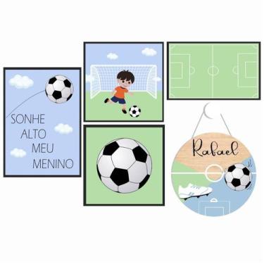 Imagem de Kit 5 Quadros Infantil Com Nome Personalizado Jogo Futebol - Florellas