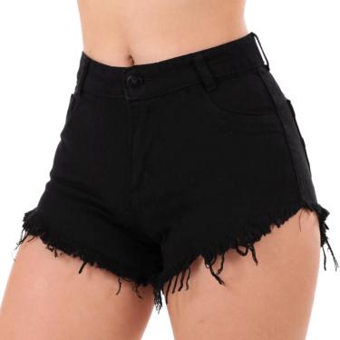 Imagem de Shorts Jeans Preto Feminino Cintura Alta Detalhe Barra Desfiada.