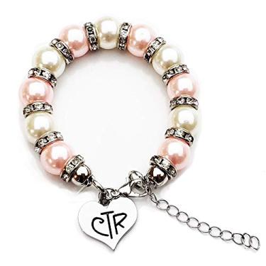 Imagem de VICTORIAGRACES Pulseira com Pingente CTR, Pérolas Sintéticas Rosa e Brancas com Cristais, Presente de Batismo ou Aniversário para Meninas, Fecho Ajustável, Criança a partir de 6 Anos