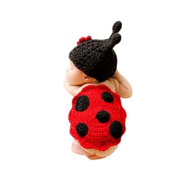 Imagem de Adereços de fotografia recém-nascido menino menina bebê roupas de sessão de fotos bonito joaninha desenhos animados suéteres de crochê adereços de fotografia