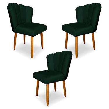 Imagem de Kit 3 Cadeiras de Jantar Pétala Estofada Pés Palito Veludo Verde - Montanaris Decor