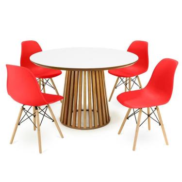Imagem de Conjunto Mesa de Jantar Redonda Luana Amadeirada Branca 120cm com 4 Cadeiras Eames Eiffel - Vermelho
