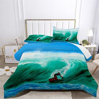 Imagem de Jogo de cama com estampa de surfista engraçado em um saco, 7 peças, desenho animado, prancha de surfe, praia, conjunto de edredom com 1 lençol com elástico + 4 fronhas + 1 lençol de cima (A, cama de