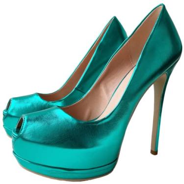 Imagem de Frankie Hsu Sapatos de salto alto sexy stiletto plataforma dupla, clássico azul verde azul-petróleo couro metálico falso moda sandália de salto alto, sapato peep toe de designer de tamanho grande para