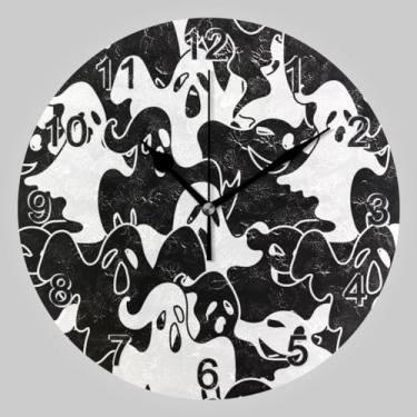 Imagem de CHIFIGNO Relógio de parede de Halloween preto e branco espectro assustador círculo, relógio redondo com bateria relógio silencioso de parede para decoração de sala de estar