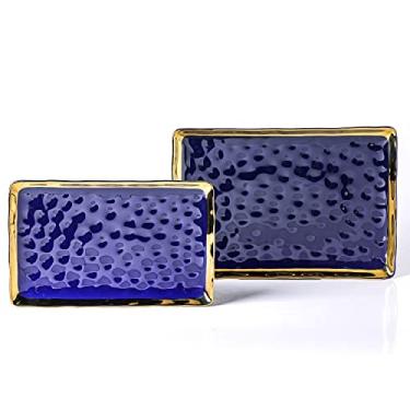 Imagem de Stone Lain Travessas de serviço retangulares grandes e médias de porcelana Florian, azul com aro dourado