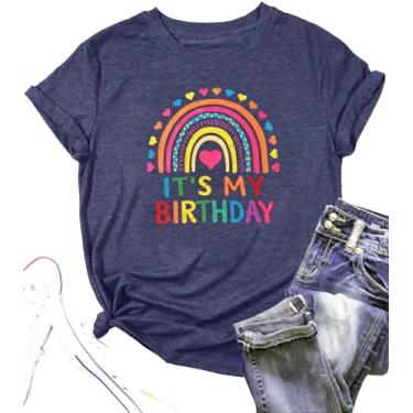 Imagem de ASAMIHANSTAR Camiseta feminina de aniversário com estampa de letras "Its My Birthday", casual, fofa, presente de festa de aniversário, camiseta de manga curta, Azul-marinho m01, GG