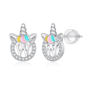 Imagem de Brincos de unicórnio para meninas, banhado a ouro branco/ouro rosa, brincos de unicórnio para meninas adolescentes, brincos de bebê, presentes de unicórnio, joias, Ouro branco Prata esterlina, Zircônia cúbica