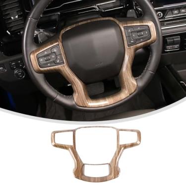 Imagem de Linskip Acabamento do volante compatível com Chevrolet Suburban 20-23/Tahoe 21-23/Silverado 2019 2020 2021 2022 2023, capa de volante Tahoe, acessórios interiores Tahoe (grão de madeira)