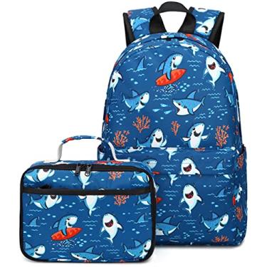 Imagem de CAMTOP Mochila para crianças, meninos e meninas, pré-escolar, com lancheira, conjunto de mochila escolar para jardim de infância, Y028-2 Shark-azul-marinho, 15"(L)x11.8"(H)*5.1"(W), Conjunto de