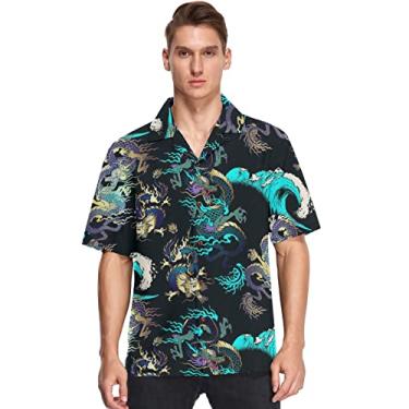 Imagem de visesunny Camisa havaiana masculina casual de manga curta com botões Dragon Blue Wave Aloha, Multicolorido, XXG