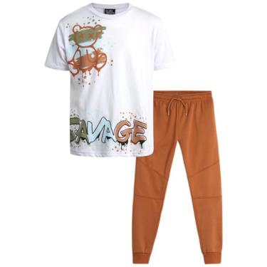 Imagem de Quad Seven Conjunto de calças para meninos – 2 peças, camiseta de manga curta e calça de moletom de lã com bolsos (8-18), Branco/marrom Savage, 12-14