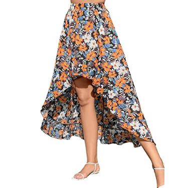 Imagem de Chennie Saia estampada maxi alta baixa saia plissada irregular drapeada meia saia cintura elástica casual saia para mulheres, B-colorido, GG