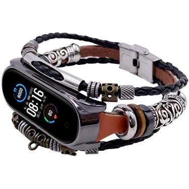 Imagem de TwiHill Pulseira Para Xiaomi Mi Band 6 Moda Couro Beading Pulseira Strap Weave Braideds Pulseira De Reposição Ajustável Artesanal Para Xiaomi Mi Band 6 Smart Fitness Tracker Para Mulheres Homens, Pulseira Mi Band 6 (Couro marrom & concha preta)