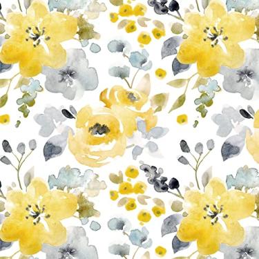 Imagem de Toduso Papel de Parede Floral Amarelo/Cinza/Branco - 39.4 cm x 1000 cm - 42.31 sq.ft - Vinil Autoadesivo Removível