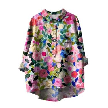 Imagem de Camiseta feminina de linho, gola lapela, botão, manga comprida, blusas elegantes estampadas com flores, blusas soltas, casuais, rosa, XXG