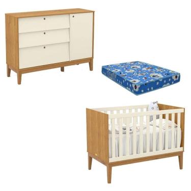 Imagem de Berço Americano e Cômoda Sapateira Unique Freijó Off White Eco Wood com Colchão Ortobom...