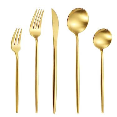 Imagem de Jogo de Talheres 20 Peças Aço Inox Faqueiros Com Colher Garfo Faca Colher de Café e Garfo de Sobremesa (Dourado)