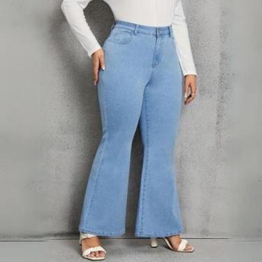 Imagem de Calça Flare Plus Size Jeans Feminina Boca de Sino Cintura Alta Modeladora-Feminino