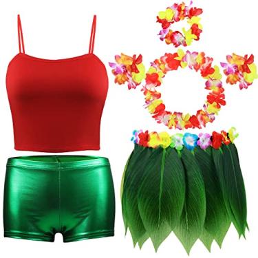 Imagem de 7 Pcs Leaf Hula Skirt and Hawaiian Leis Set Hibiscus Flowers Necklace Bracelet Headband Vest Shorts Hawaiian Costumes Party (Women, Medium)