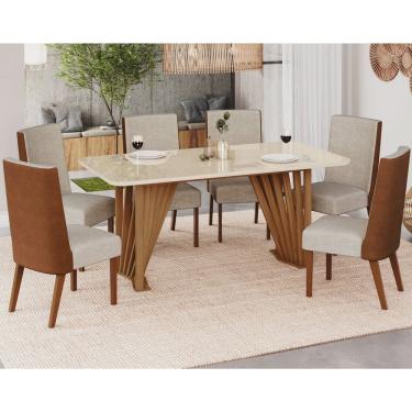 Imagem de Conjunto Sala Jantar Adriana 180 Cm 6 Cadeiras Anne Canto Arredondado com Vidro Marrom/Off White/Caramelo