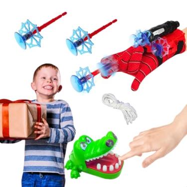 Imagem de Kit 2 brinquedo pedagógico jogos de tabuleiro infantis educativos crocodilo morde dedo jacare dentista + Luva aranha Lançador de Dardos Ventosa lança teia menino 8 anos presente menina dia das criança